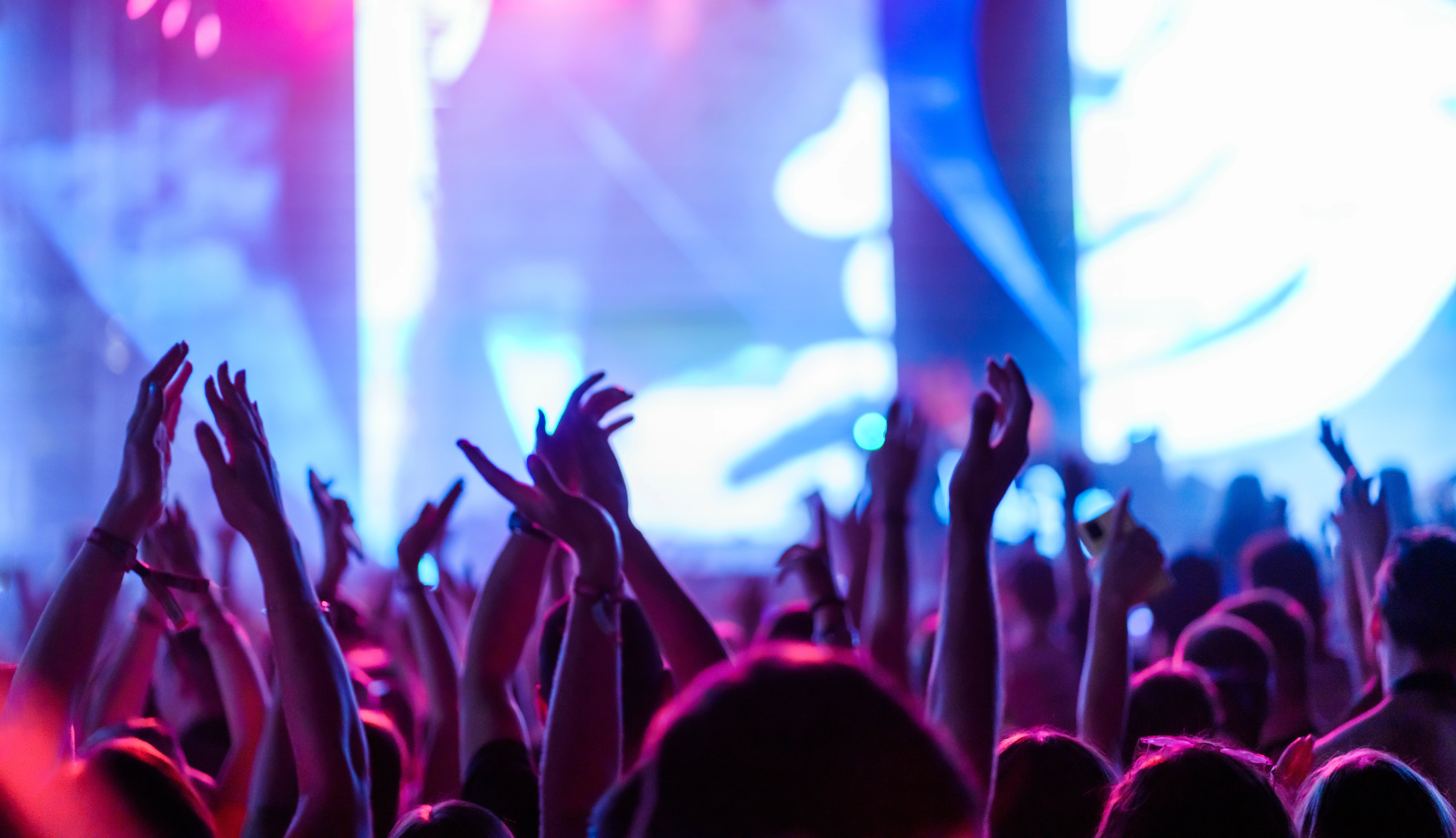 Jubelnde Menschenmenge mit erhobenen Händen vor einer Bühne mit blau-violettem Licht bei einem Open-Air-Festival.
